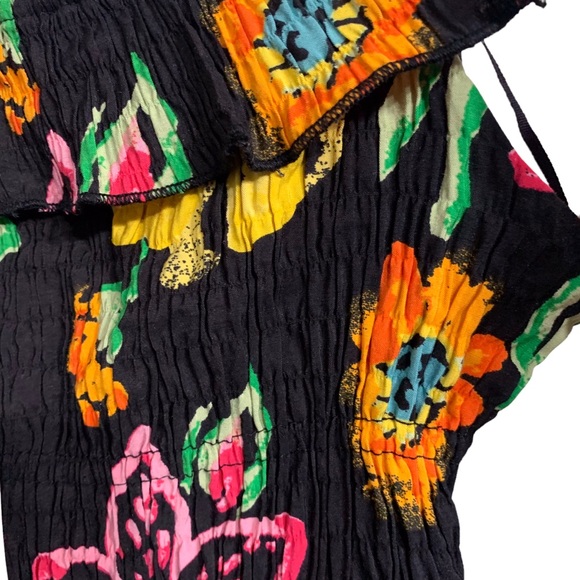 URBAN OUTFITTERS  AUBREY OFF THE SHOULDER SMOCKED RUFFLE MINI DRESS MULTICOLOR - Picture 7 of 15